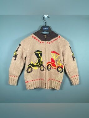 Vintage Cowichan Style Kids Sweater Jacket Lined Full Zip Antique Cars Size M